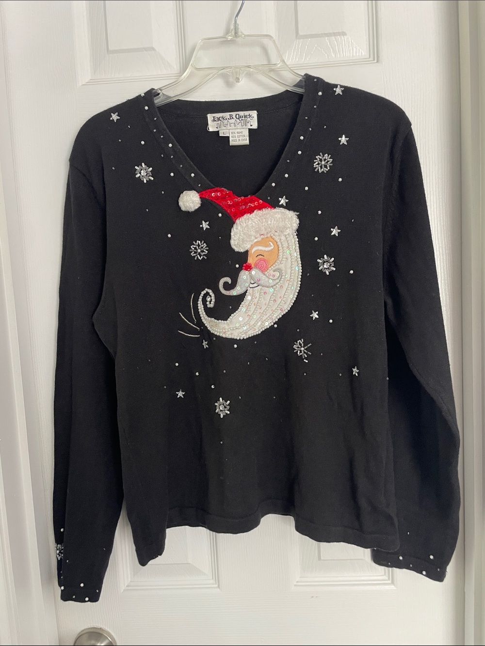 Jack by BB Dakota Black Santa Vintage Christmas Embellished V-Neck Sweater